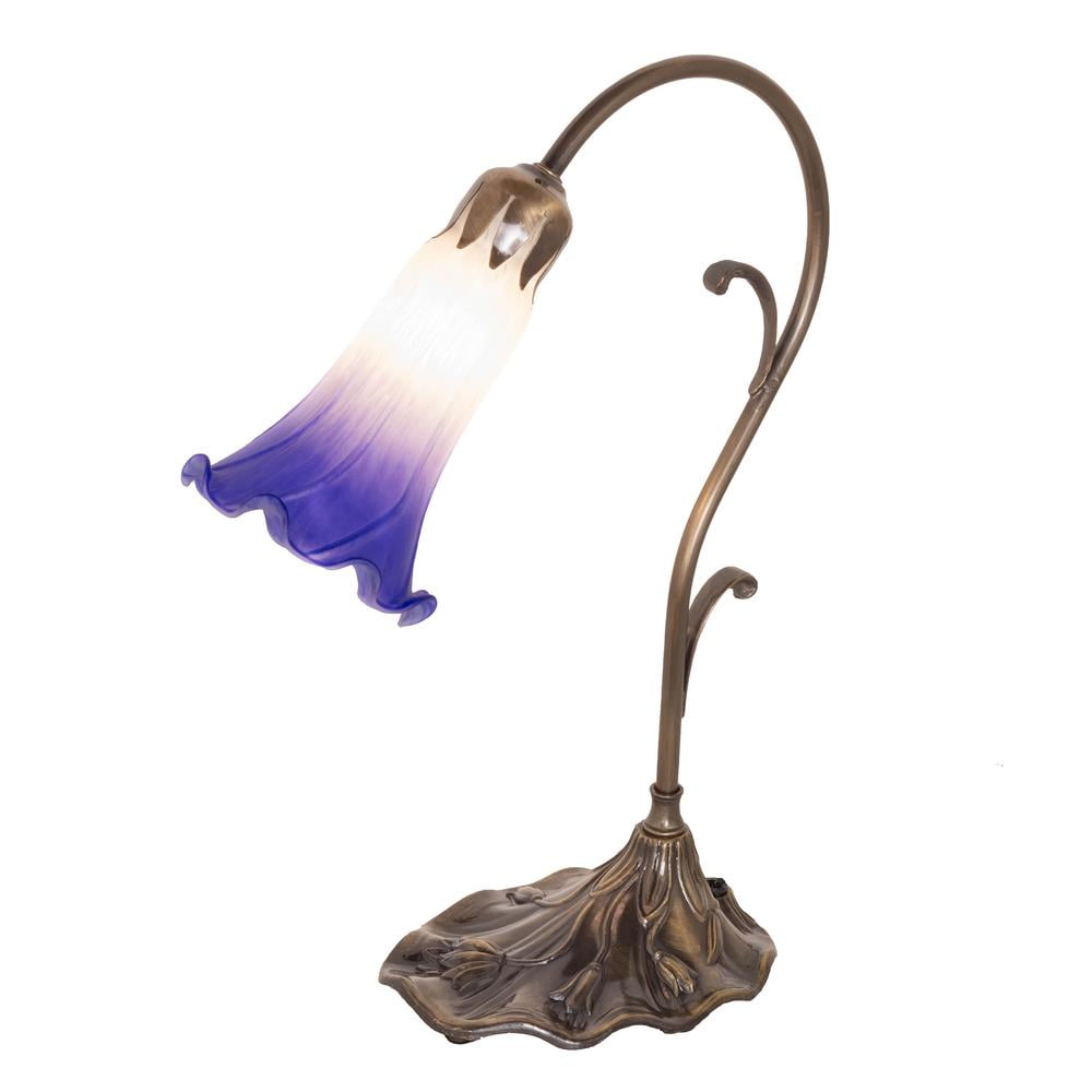 Antique Brass Gooseneck Table Lamp with Blue Stained Glass Shade