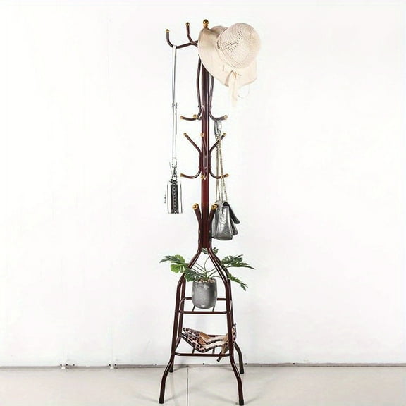 15-Hook Metal Tree Coat Rack - Freestanding Entryway Organizer with Shelves for Jackets, Hats & Scarves