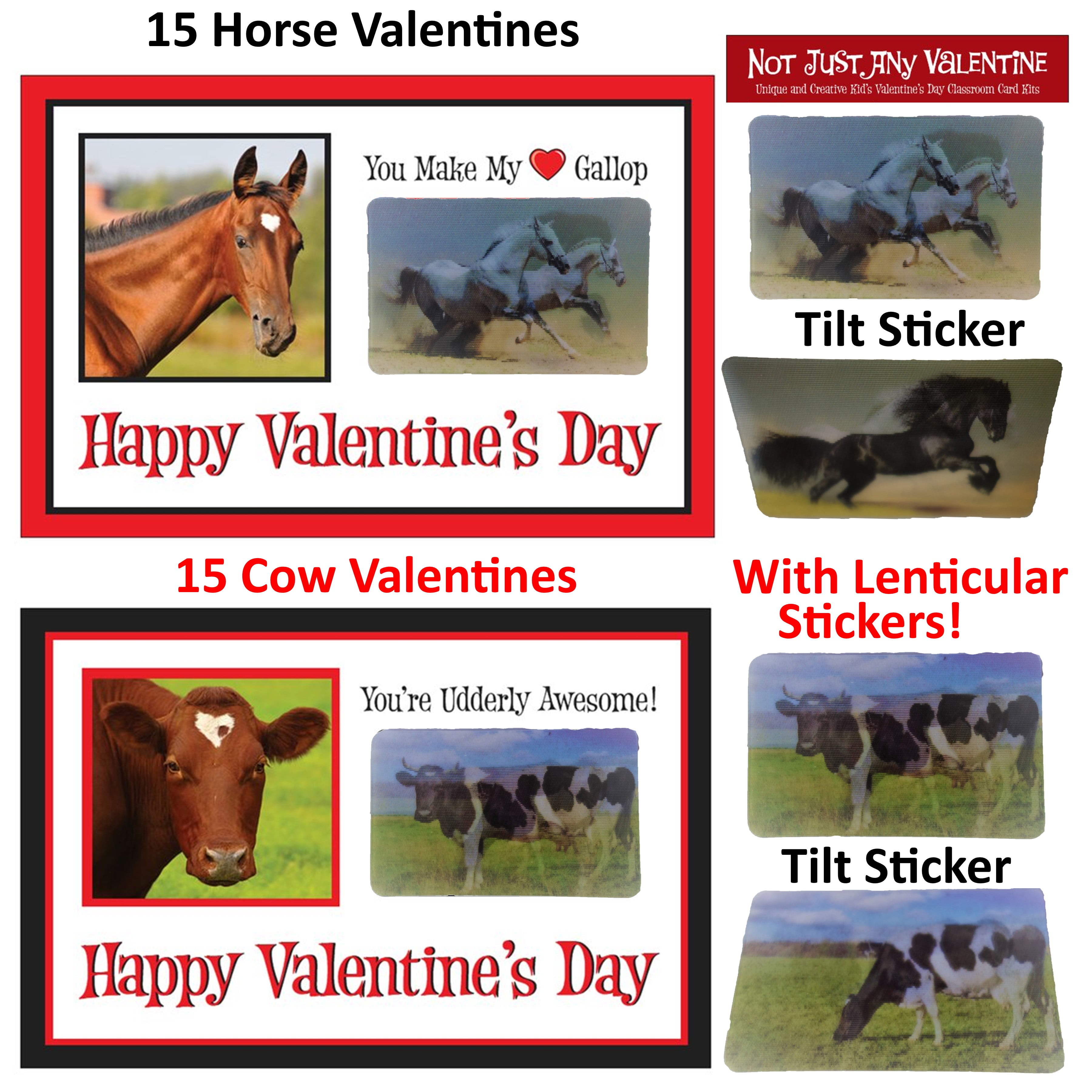 15 Horse & 15 Cow Classroom Valentines with Lenticular Sticker Toy (Instead of Candy) - Unique & Creative Kid's School Valentine Day Cards for Boys, Girls, and Tweens.