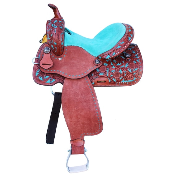 15" Horse Western Barrel Show Pleasure LEATHER SADDLE Turquoise 5094TR