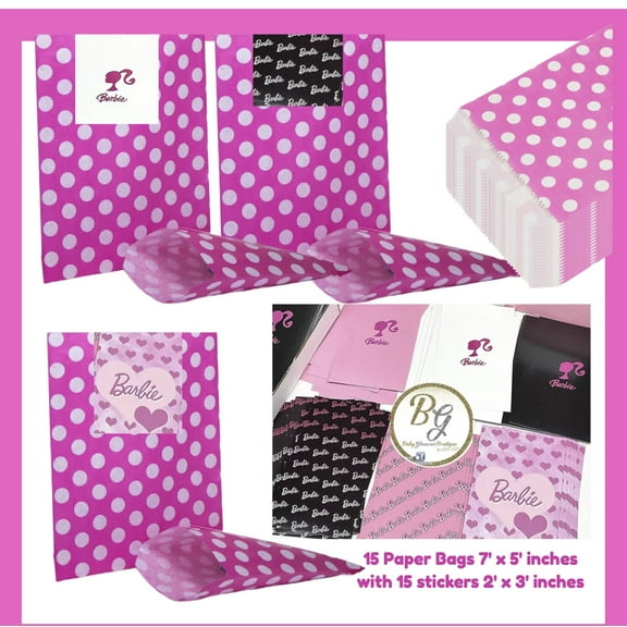 15 Hot Pink Polka Dot Barbie Favor Bags with Stickers - Perfect for Kids' Parties!