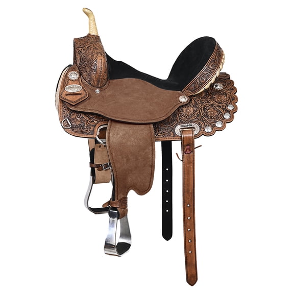 15 In Hilason Flex Tree Western Horse Saddle American Leather Trail Barrel Dark Brown With Floral Hand Carved
