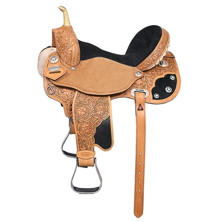 15 In Hilason Flex Tree Western Horse Saddle American Leather Trail Barrel Oiled Tan With Floral Hand Carved