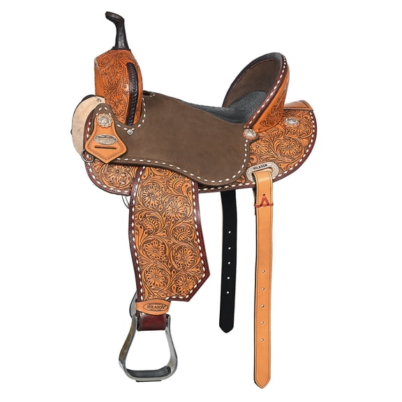 15 In Hilason Western Horse Barrel Flex Tree Trail American Leather Saddle Brown / Tan Gorgeous Floral Hand Tooled & Carved