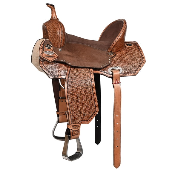 15 In Hilason Western Horse Barrel Flex Tree Trail American Leather Saddle Tan Gorgeous Basket Weave Poker Card Hand Tooled