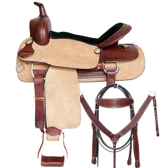 15 In Western Horse Ranch Roping Cowboy Saddle Genuine Leather Tack Set Brown/Tan Comfytack