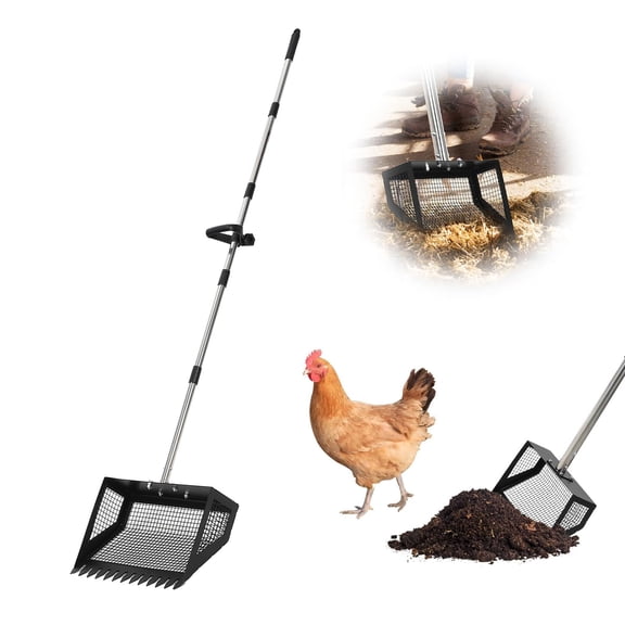 15-Inch 2-in-1 Chicken Poop Scooper & Rake with Adjustable 24"-68.8" Handle – Galvanized Metal Sifting Shovel & Rake for Chicken Coops, Farm, Litter, Sand & Manure Cleanup