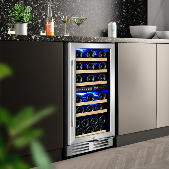 15 Inch 30 Bottle Dual Zone Wine Refrigerator Mini Wine Cooler Built-in and Freestanding with Built-In Light and 2 Type Handle Classic Series