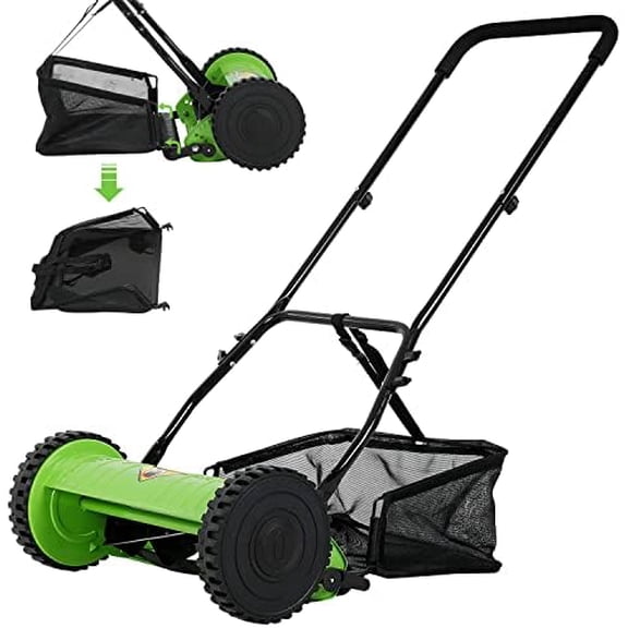 15-Inch 5-Blade Manual Lawn Mower, Push Reel Lawn Mower with Detachable Grass Catcher, Adjustable Cutting Height Push Mower Manual Walk-Behind Lawn Mowers Rotary Mower, 2 Wheels, Easy to Use