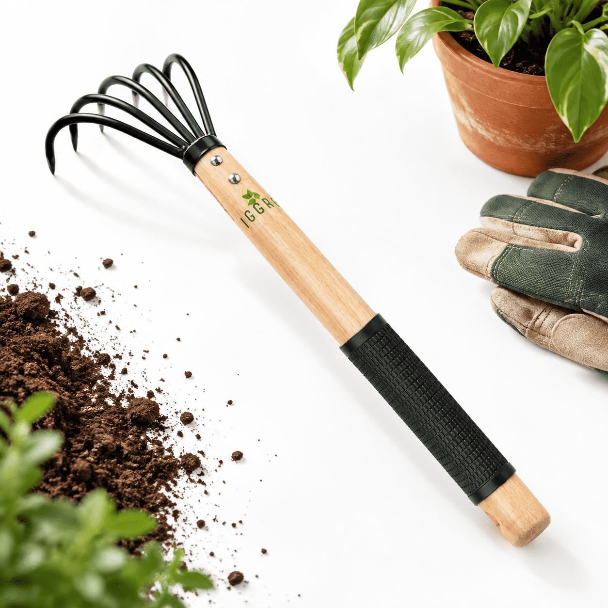 15 Inch 5-Tine Garden Rake with Wooden Handle and Non-Slip Grip ...