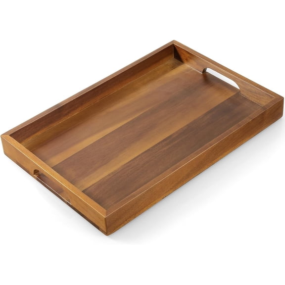 15 Inch Acacia Wood Serving Tray with Handles - Wooden Tray for Ottoman, Breakfast in Bed, Dinner, Coffee Table - Decorative Rectangular Tray for Living Room Bedroom Entryway and Kitchen