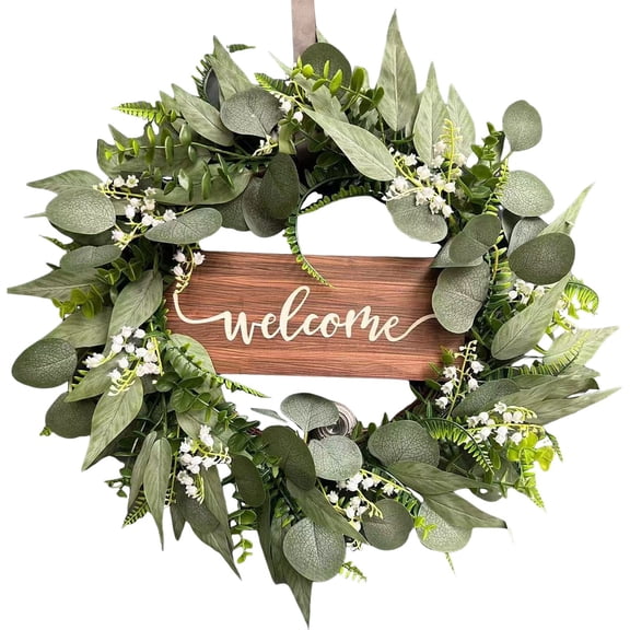 15 Inch Artificial Eucalyptus Wreath for Front Door, Greenery Welcome Ring for Year-Round Decor, Faux Leaf Ornament for Indoor Outdoor Wall, Porch, Mantel, Hanging Decor