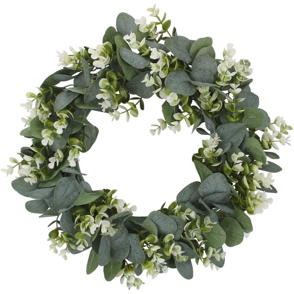 15 Inch Artificial Eucalyptus Wreath with White Flowers Spring Summer Wreaths for Front Door Indoor Outdoor Rustic Farmhouse Greenery Flower Wreath Decor Wall Hanging Window Display