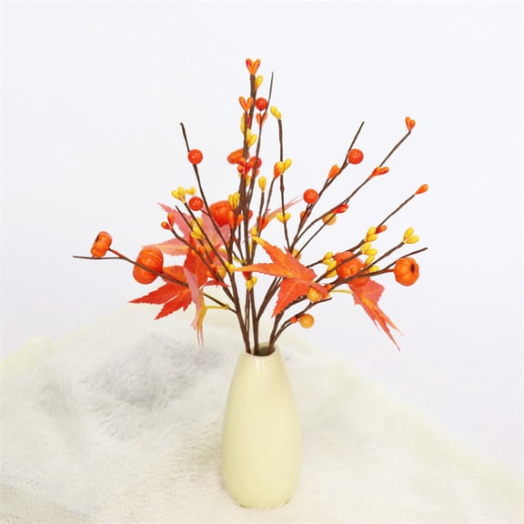15 Inch Artificial Maple Leaf Branches Orange Glossy Berry Twigs Fall Berry Stems Faux Picks and Sprays for Autumn Thanksgiving Christmas Tree DIY Decorations