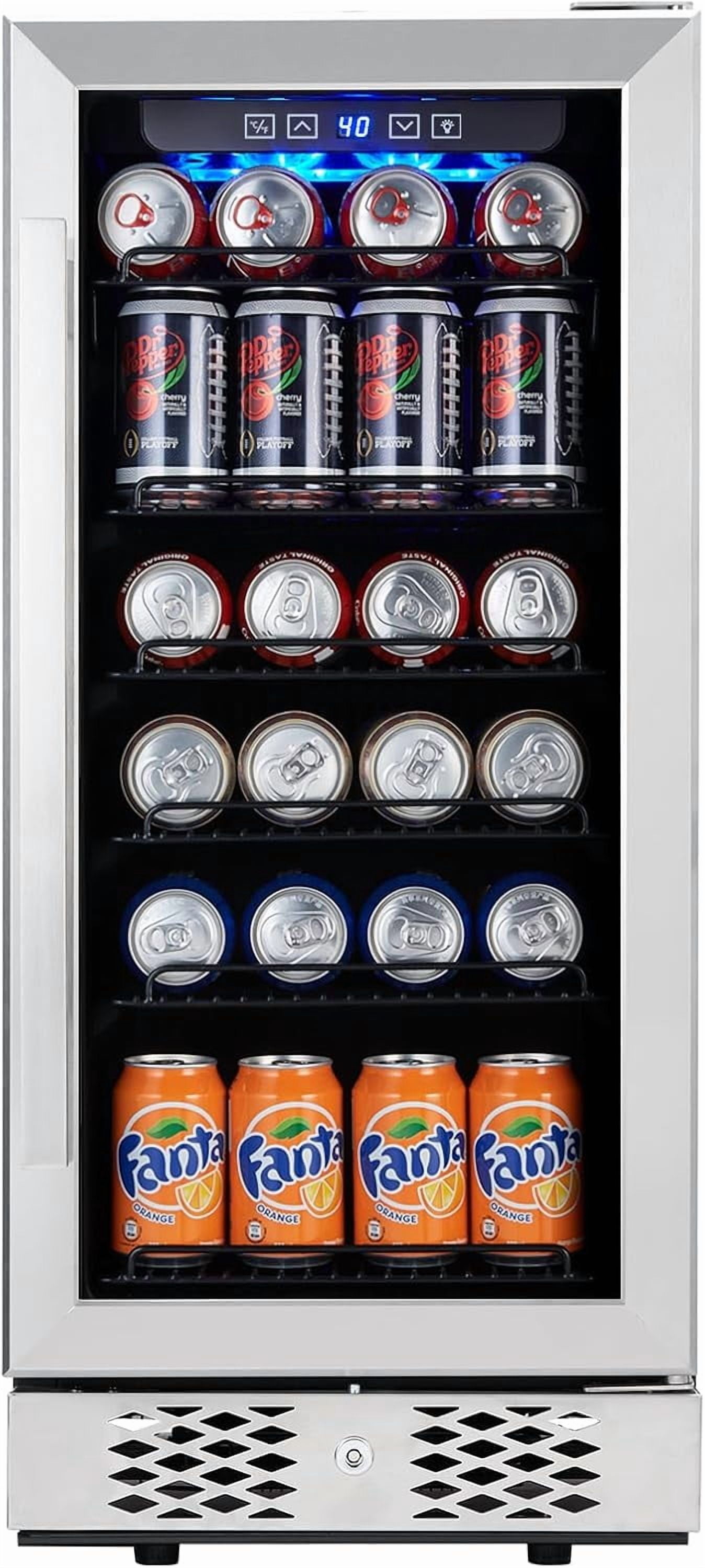 15 Inch Beverage Refrigerator, 96 Cans Stainless Steel Fridge with Double-Layer Tempered Glass Door, Freestanding & Built-In Wine Cooler, Safety Lock for Home, Office, Bar