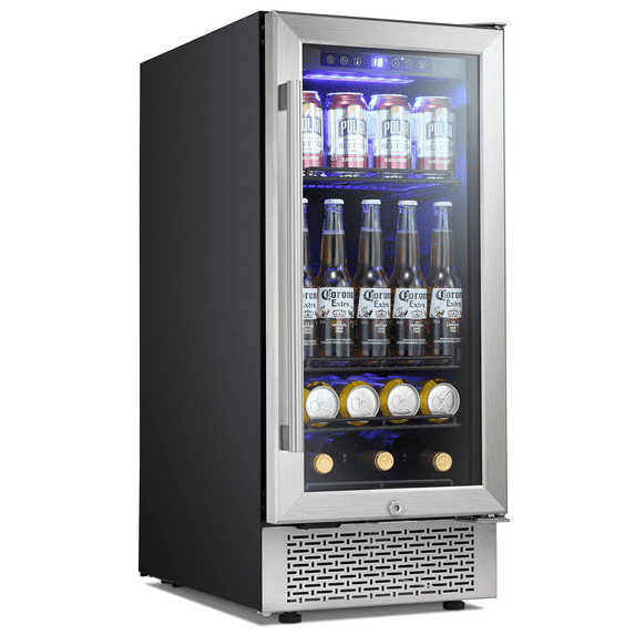 15 Inch Beverage Refrigerator Buit-in Wine Cooler Mini Fridge Clear Glass Door Digital Memory Temperature Control, Beer Soda LED Light, Quiet Operation (15 Inch)