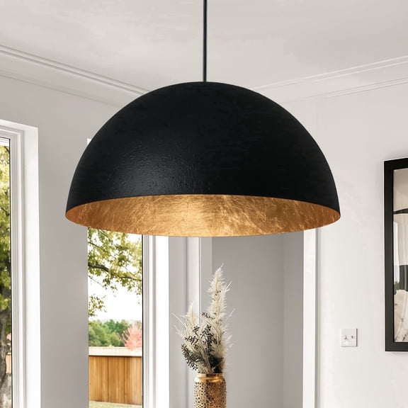15 Inch Black and Gold Pendant Light, Bold Textured Matte Black Dome with Hand-Applied Gold Leaf Interior, Hanging Chandelier Fixture for Kitchen Island, Dining Room, or Bar WONEHIR