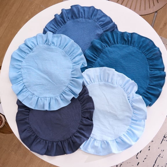 15 Inch Boho Fabric Placemat, Rustic Farmhouse Round Ruffle Place Mat, Washable Scalloped Edge Table Mats for Kitchen Dining Party Table Decor