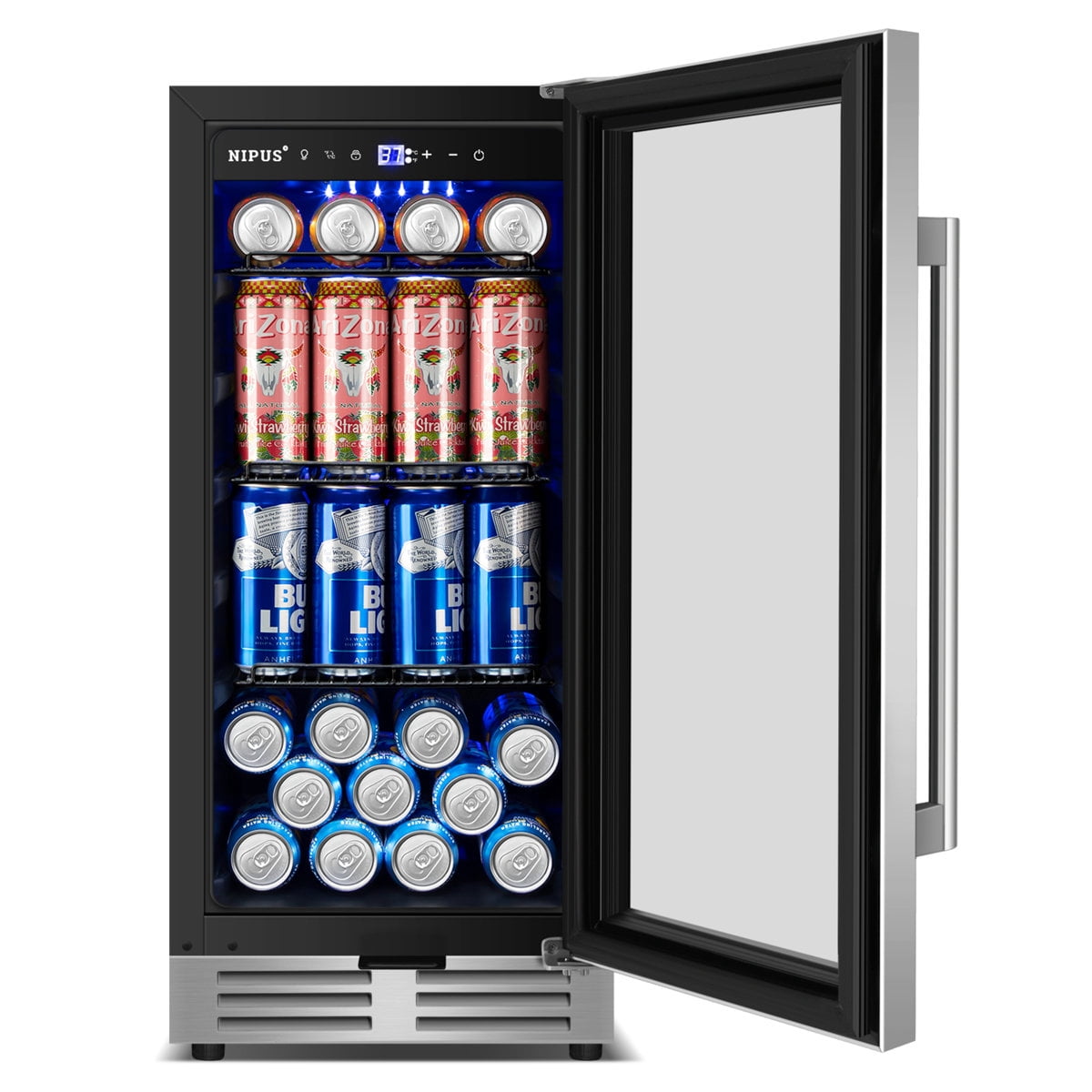 15 Inch Built-in/Freestanding Beverage Refrigerator Cooler 130 Can Beer Cooler Mini Beer Drink Fridge with Glass Door and Lock Under Counter Classic Series