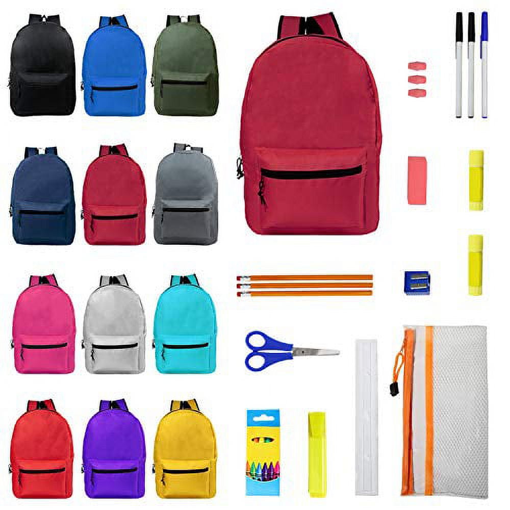 50 Piece Wholesale Basic School Supply Kit With 17 Backpack - Bulk Case of  12 Backpacks and Kits