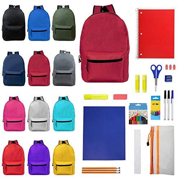 15 Inch Bulk Backpacks with 34 Piece School Supply Kits - Case of 24 in 12 Assorted Colors Value Bundle Pack
