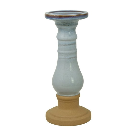 15 Inch Candle Holder with Ceramic Turned Pillar Design, Blue- Saltoro Sherpi