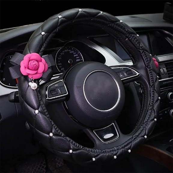 15 Inch Car Steering Wheel Cover, Camellia Diamond Pearl Women Fashion Car Steering Wheel Cover, Red