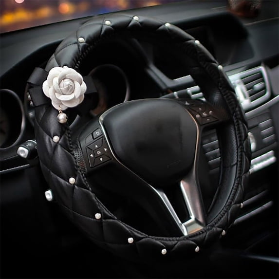 15 Inch Car Steering Wheel Cover, Camellia Diamond Pearl Women Fashion Car Steering Wheel Cover, White