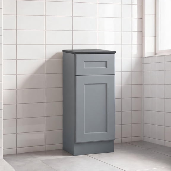 15-Inch Compact Storage Base Cabinet, Neutral Gray Solid Wood, Shaker Style with Soft-Close Door and Drawer