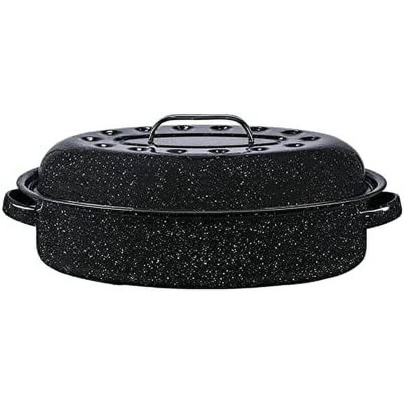 15-Inch Covered Oval Roaster, 10 Lb Capacity - Enamel Steel Cookware, Dishwasher Safe & PFOA-Free, Even Heat Distribution for Roasting Poultry, Meat, or Vegetables (Speckled Black)