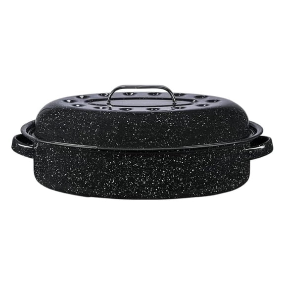 15-Inch Covered Oval Roaster - Enamel Steel Basic Cookware, Nonstick & Chemical-Free, Dishwasher Safe - 10 Lb Capacity, Large Roasting Pan for Meats, Poultry, Vegetables (Speckled Black)