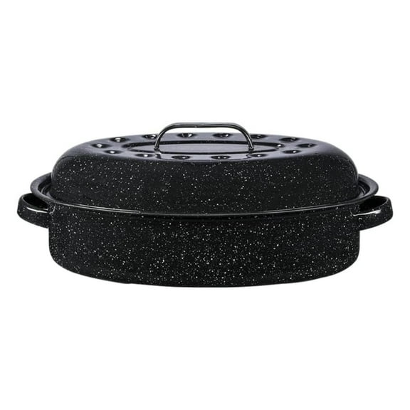15-Inch Covered Oval Roaster - Enamel Steel Basic Cookware, Nonstick & Chemical-Free, Dishwasher Safe - 10 Lb Capacity, Large Roasting Pan for Meats, Poultry, Vegetables (Speckled Black)