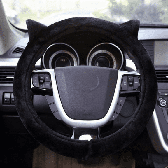 15 Inch Cute Cat Ears Style Plush Fuzzy Winter Steering Wheel Cover Universal Fit Soft Breathable Steering Wheel Wrap