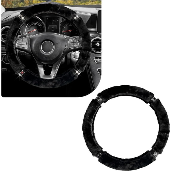 15 Inch Diamond Fluffy Steering Wheel Cover Bling Crystal Rhinestones Steering Wheel Protector for Women Car Accessories Winter Warm Universal Steering Wheel Pad, Black