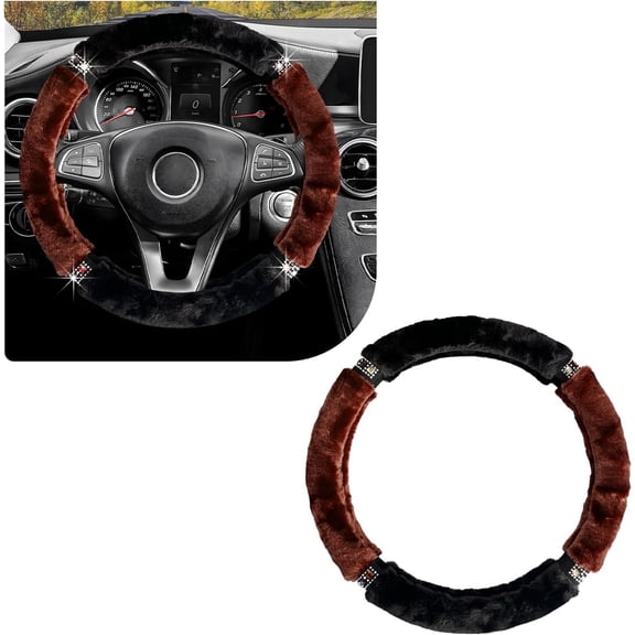 15 Inch Diamond Fluffy Steering Wheel Cover Bling Crystal Rhinestones Steering Wheel Protector for Women Car Accessories Winter Warm Universal Steering Wheel Pad, Coffee