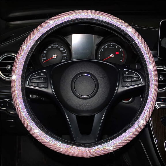 15 Inch Elastic Car Steering Wheel Cover, Bling Sparkling Leather Steering Wheel Cover, Anti-Slip Easy to Install, Pink