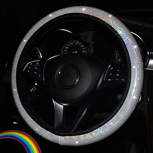 15 Inch Elastic Car Steering Wheel Cover, Bling Sparkling Leather Steering Wheel Cover, Anti-Slip Easy to Install, White