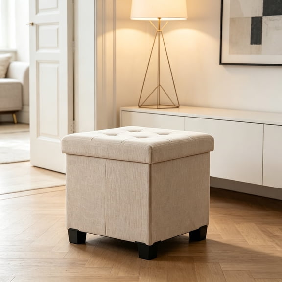 15 Inch Folding Storage Ottoman, Square Cube Linen Small Storage Ottoman Foot Rest Stool with Legs, Beige
