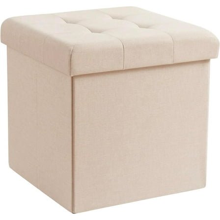 15 Inch Folding Storage Ottoman, Square Small Storage Foot Rest Stool, Bedroom Bench - Beige