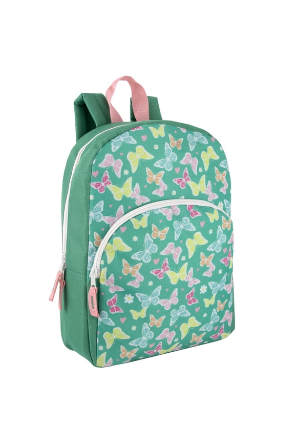 15 Inch Fun Printed Backpack with Front Zippered Pocket & Padded Adjustable Shoulder Straps in Beautiful Butterflies