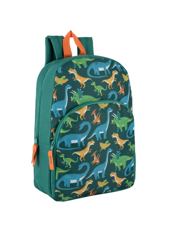 15 Inch Fun Printed Backpack with Front Zippered Pocket & Padded Adjustable Shoulder Straps in Dancing Dinosaurs