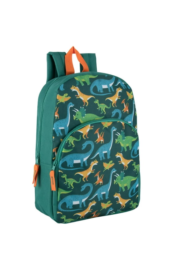 15 Inch Fun Printed Backpack with Front Zippered Pocket & Padded Adjustable Shoulder Straps in Dancing Dinosaurs