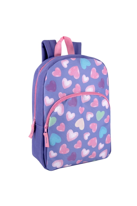 15 Inch Fun Printed Backpack with Front Zippered Pocket & Padded Adjustable Shoulder Straps in Happy Pastel Hearts