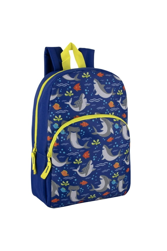 15 Inch Fun Printed Backpack with Front Zippered Pocket & Padded Adjustable Shoulder Straps in Seafaring Sharks