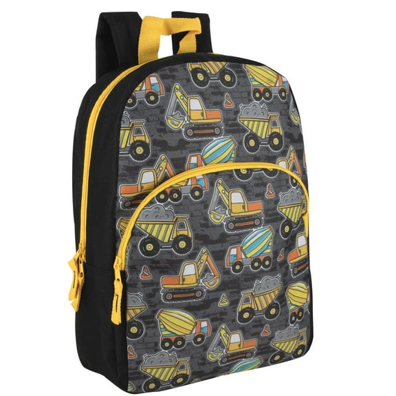 15 Inch Fun Printed Backpack with Front Zippered Pocket & Padded Adjustable Shoulder Straps in Tough Trucks