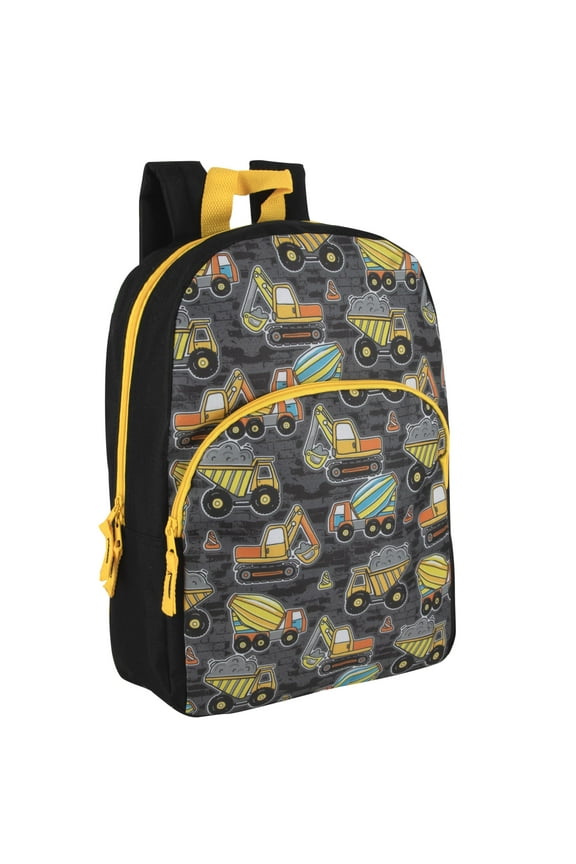 15 Inch Fun Printed Backpack with Front Zippered Pocket & Padded Adjustable Shoulder Straps in Tough Trucks