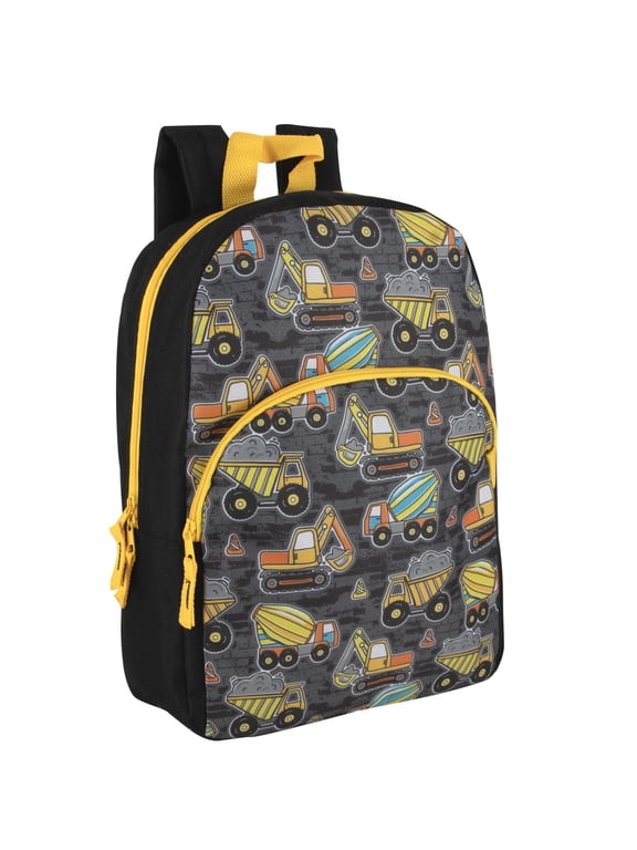 15 Inch Fun Printed Backpack with Front Zippered Pocket & Padded Adjustable Shoulder Straps in Tough Trucks
