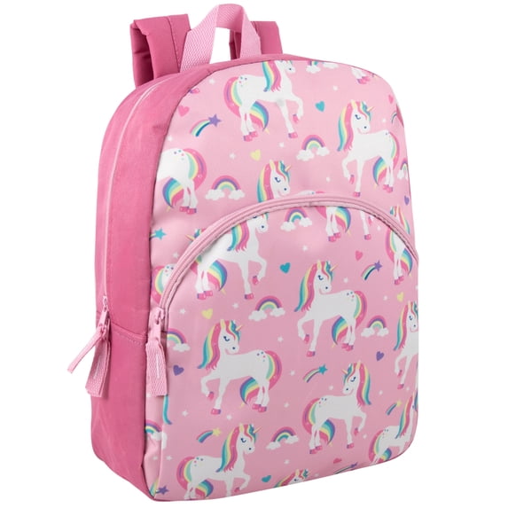 15 Inch Fun Printed Backpack with Front Zippered Pocket & Padded Adjustable Shoulder Straps in Unique Unicorns