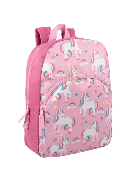 15 Inch Fun Printed Backpack with Front Zippered Pocket & Padded Adjustable Shoulder Straps in Unique Unicorns
