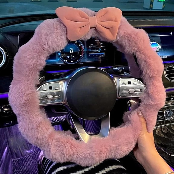 15 Inch Furry Plush Car Steering Wheel Cover, Cute Bowknot Fluffy Steering Wheel Protector for Women, Soft Non-Slip Warm Winter Accessories, Universal Fit for Most Vehicles